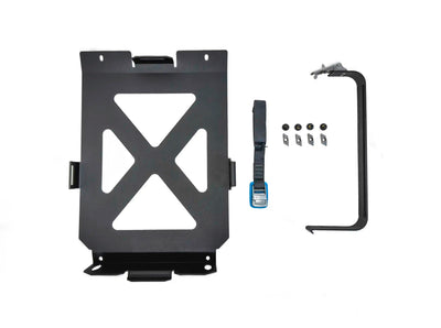 ACS FORGED 20L Jerry Can Holder — Feature shot: complete kit laid out — mounting bracket, tie-down strap, and lockable latch arm with hardware.
