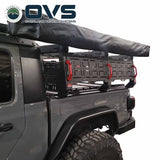 OVS Ruff Rax Bed Rack – 2018–2027 Jeep Gladiator 5 ft — Lifestyle shot: rack installed on the truck; rooftop tent, awning and recovery gear carried above the bed for multi-day trips.