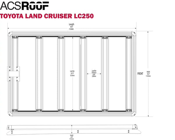 Leitner ACS ROOF Toyota Land Cruiser LC250 Roof Rack low profile no-drill platform rack, dimension schematic