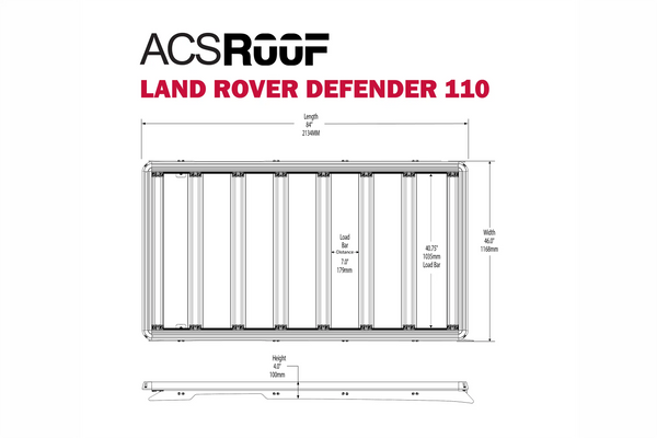 Leitner ACS ROOF Land Rover Defender 110 Roof Rack low profile no-drill platform rack, dimension schematic