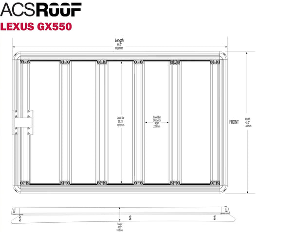 Leitner ACS ROOF Lexus GX550 Roof Rack low profile no-drill platform rack, dimension schematic