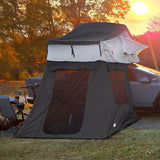 OVS HD Nomadic 3 Extended Annex Room — Lifestyle shot: white annex under a Nomadic 3 tent at an autumn campsite. A dry changing room for families camping into the fall