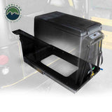 OVS Small Refrigerator Slide & Tilt Tray — Lifestyle shot: installed and in use; a fridge within easy reach at the tailgate.