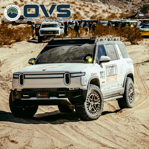 OVS Ruff Rax Roof Rack – 2022–2027 Rivian R1S — Feature shot: front three-quarter view