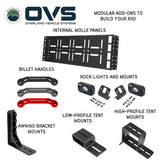 OVS Ruff Rax Bed Rack – 2018–2027 Jeep Gladiator 5 ft — Feature shot: add-on accessories: inside MOLLE panels, grab handles, rock lights, awning and tent mounts
