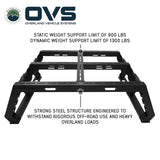 OVS Ruff Rax Bed Rack – 2020–2027 Chevy Silverado / GMC Sierra 2500 / 3500 6.8 ft — Feature shot: static and dynamic load rating callout