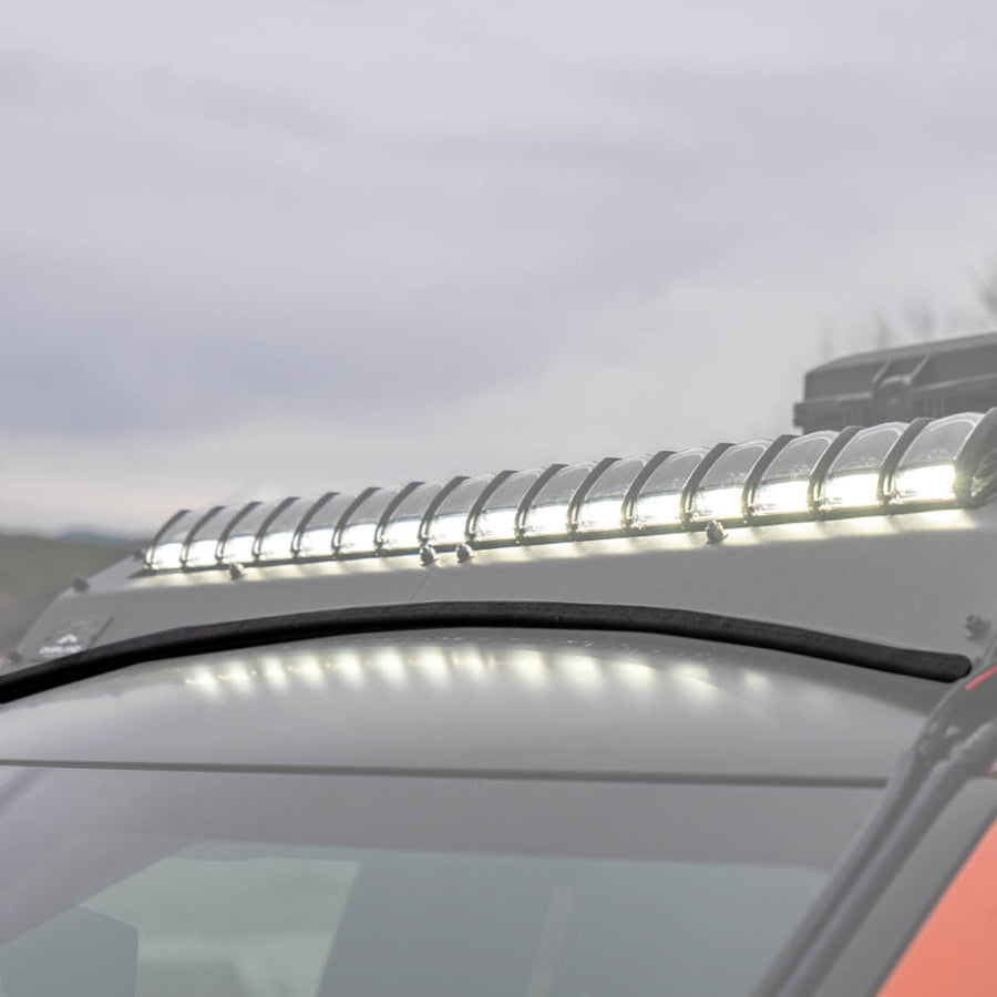 OVS Ruff Rax Roof Rack Noise Reducer — Lifestyle shot: installed and in use; a fully built rack ready for camp.