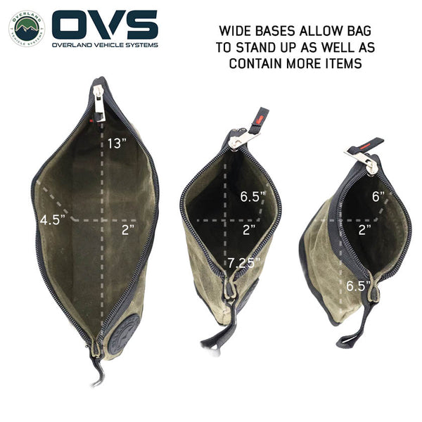 OVS Canyon Waxed Canvas 3-Bag Set – Small/Medium — Feature shot: dimensions diagram