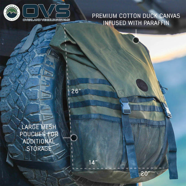 OVS Canyon Waxed Canvas Spare Tire Trash Bag – Extra Large — Feature shot: dimensions diagram