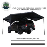 OVS XD Nomadic 270 Awning & Wall Kit Combo — Feature shot: deployed on a pickup with the pivoting telescoping aluminum support poles