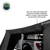 OVS XD Nomadic 180 LTE Awning Wall — Feature shot: door rolls up and hooks open