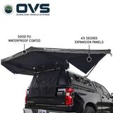 OVS XD Nomadic 315 Awning — Feature shot: 45-degree corner panels wrap the rear of the vehicle