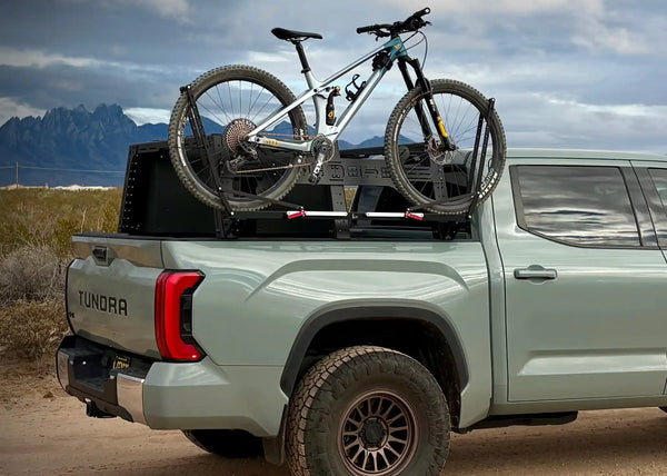 Backwoods Adventure Mods Bike Tray Mounts (Universal) — Feature shot: mounts installed on a 3rd gen Tundra bed rack