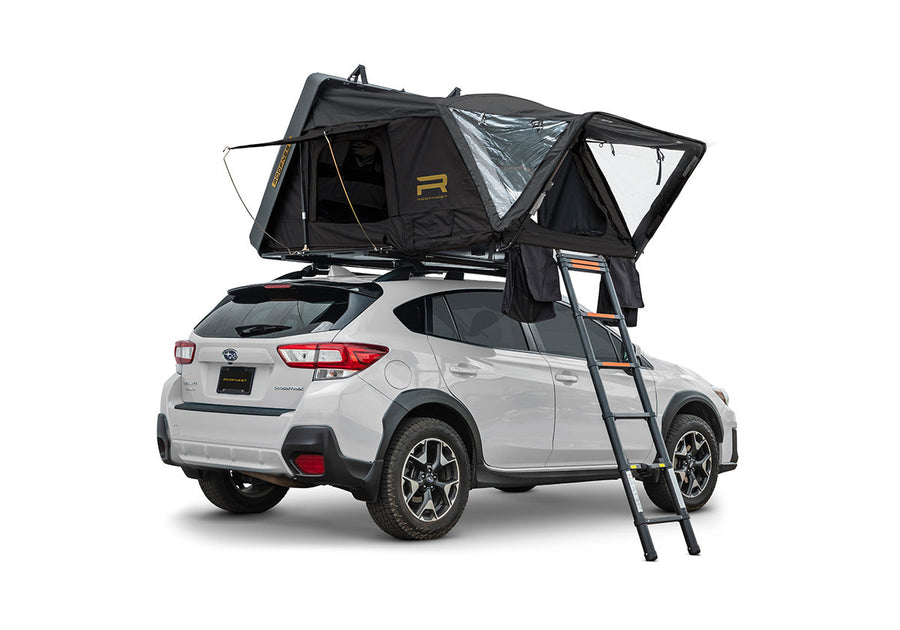 Roofnest Condor 2 Air — Feature shot: closed tent mounted on a Subaru's roof rack, rear view