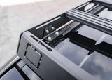 Backwoods Adventure Mods DRIFTR Roof Rack (2024–2027 Land Cruiser 250) — Feature shot: mounting bracket and front wind fairing close-up