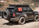 Backwoods Adventure Mods DRIFTR Roof Rack (2024–2027 Land Cruiser 250) — Lifestyle shot: off-road with a rooftop tent on the rack