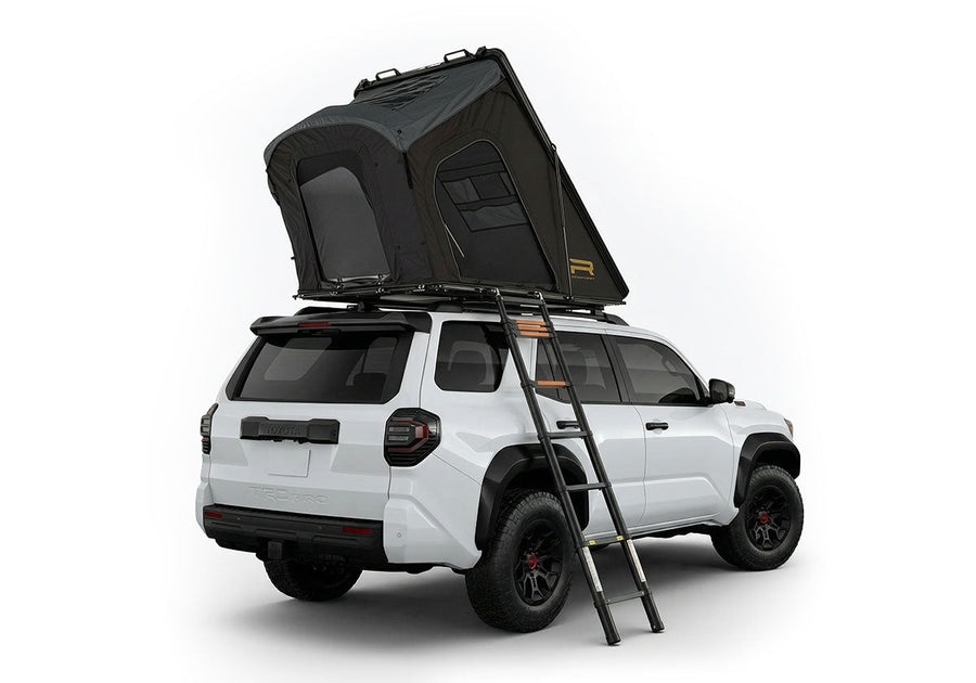 Roofnest Falcon 3 EVO XL Air — Feature shot: open clamshell on a 4Runner roof rack, rear view showing the full canvas walls