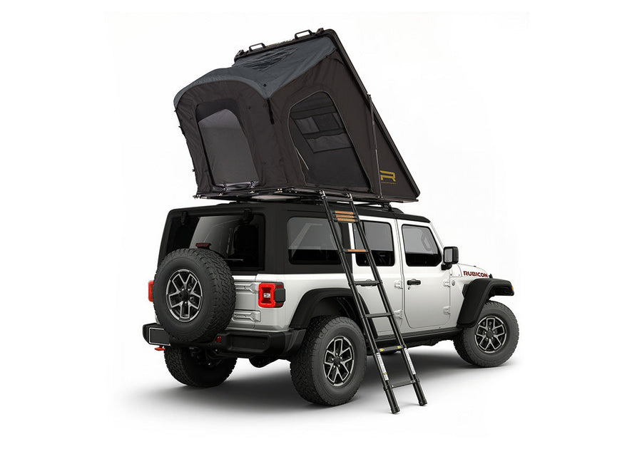 Roofnest Falcon 3 EVO Air — Feature shot: open clamshell on a Jeep Wrangler, rear view with ladder deployed