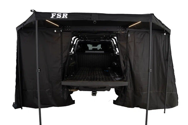FSR 180 Tailgate Awning Walls 96" — Feature shot: rear and side walls opened up with the awning support poles in place