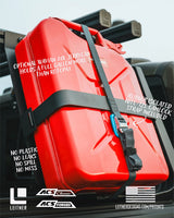 ACS FORGED 20L Jerry Can Holder — Feature shot: callouts showing a full gallon more capacity than RotoPax and the rubber-isolated Nite Ize CamJam strap.