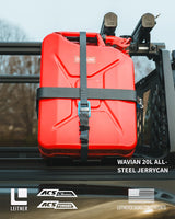 ACS FORGED 20L Jerry Can Holder — Feature shot: Wavian 20L all-steel jerrycan secured in the holder, the compatible fuel can labeled.