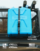 ACS FORGED 20L Jerry Can Holder — Feature shot: blue Wavian 5-gallon water can secured in the holder, showing fitment for water cans too.
