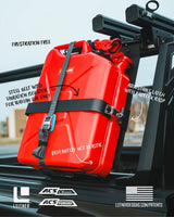 ACS FORGED 20L Jerry Can Holder — Feature shot: callouts on the vibration-isolated steel belt and adjustable padlock latch, definitely not plastic.