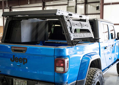 Backwoods Adventure Mods DRIFTR Bed Rack Topper (2020–2027 Gladiator) — Feature shot: topper installed on the Gladiator bed rack