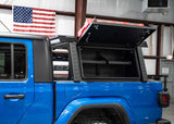 Backwoods Adventure Mods Bed Rack Storage Box (2020–2027 Gladiator) — Feature shot: bed rack with the box and other accessories installed