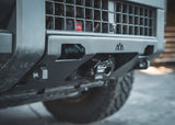 Backwoods Adventure Mods Lo-Pro Hidden Winch Bumper (2024–2027 Land Cruiser 250) — Feature shot: close-up of the black powder coat finish