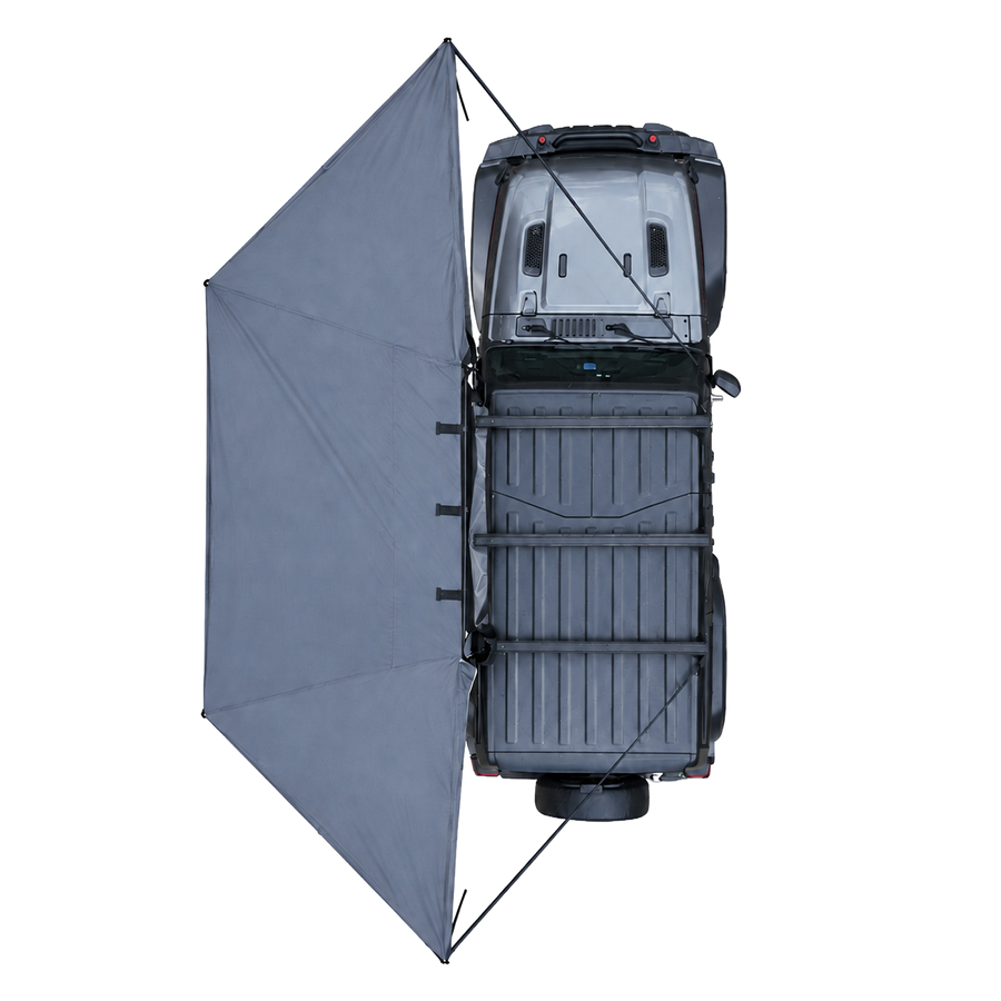 NaturNest 180° Car Awning — Feature shot: full canopy deployed beside a vehicle, 180-degree freestanding coverage