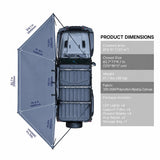 NaturNest 180° Car Awning — Feature shot: dimension diagram showing closed size and coverage area measurements