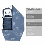 NaturNest 270 Plus Telescoping Awning — Feature shot: dimension diagram showing coverage area and packed size