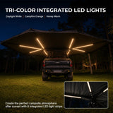 NaturNest 360 Degree Car Awning — Feature shot: eight integrated tri-color LED strips lit at dusk