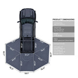 NaturNest 360 Degree Car Awning — Feature shot: dimension diagram showing coverage area and packed size