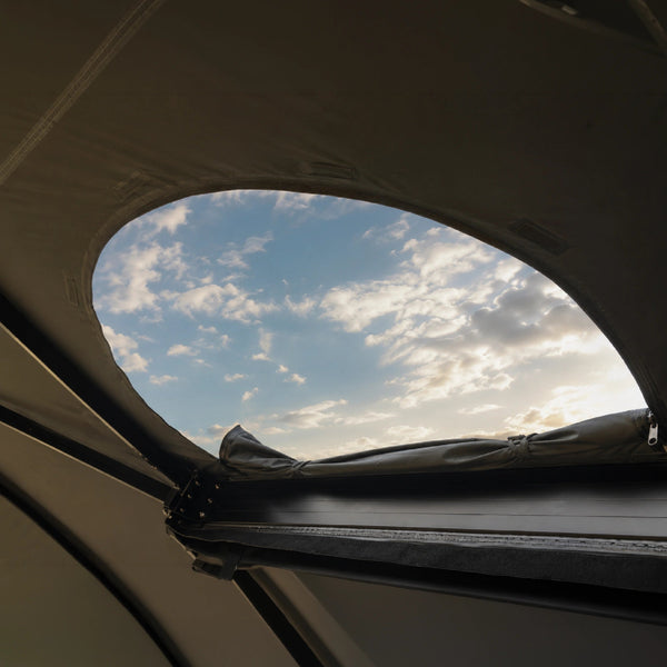 NaturNest 360 Degree Car Awning — Feature shot: rear skylight opening connecting to a Polaris Series rooftop tent