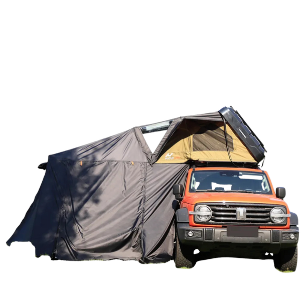 NaturNest Sirius 1 Plus Annex Room — Feature shot: annex zipped onto the Sirius 1 Plus rooftop tent via the Quick-Zip connection