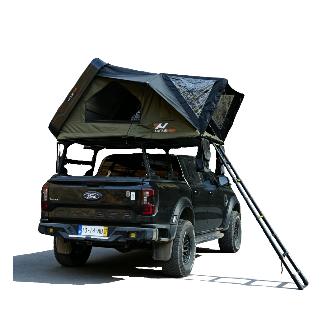 Black Ford truck with a rooftop tent on a white background