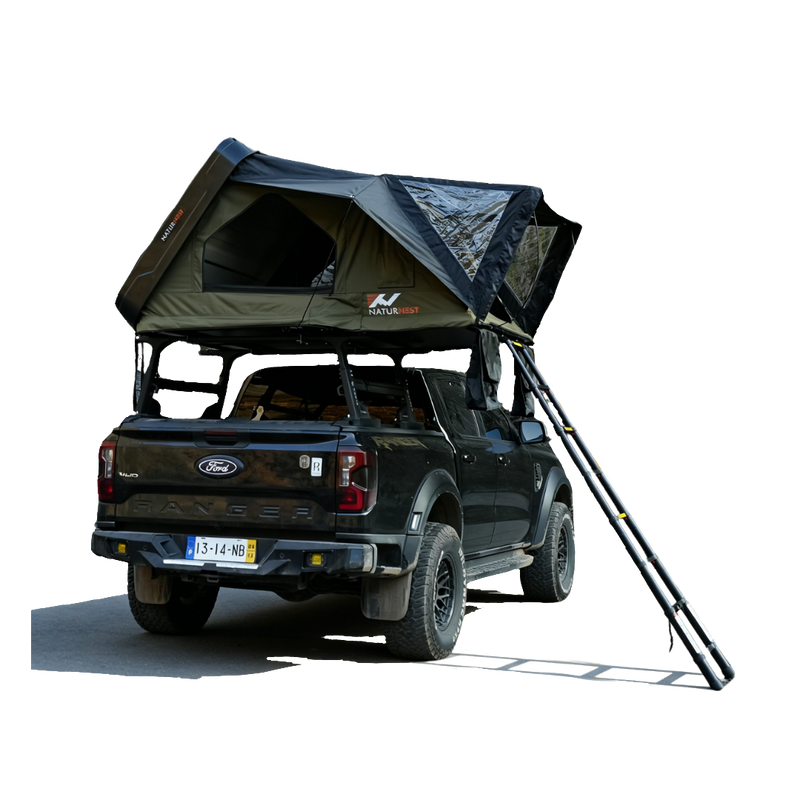 Black Ford truck with a rooftop tent on a white background