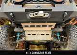 Backwoods Adventure Mods Connector Skid Plate (2005–2023 Tacoma) — Feature shot: connector skid installed between the bumper and engine skid