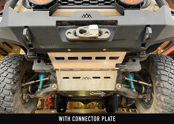 Backwoods Adventure Mods Connector Skid Plate (2005–2023 Tacoma) — Feature shot: connector skid installed between the bumper and engine skid
