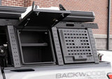 Backwoods Adventure Mods Bed Rack Storage Box (2007–2027 Tundra) — Feature shot: box open on the bed rack