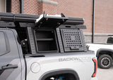 Backwoods Adventure Mods Overland Bed Rack Full Height (2007–2027 Tundra) — Feature shot: optional storage boxes with adjustable shelving