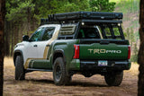Backwoods Adventure Mods Overland Bed Rack Full Height (2007–2027 Tundra) — Feature shot: side view with a rooftop tent and recovery gear mounted
