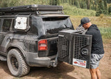 Backwoods Adventure Mods Overland Storage Box (Universal) — Lifestyle shot: Toyota Land Cruiser at camp with the storage box open
